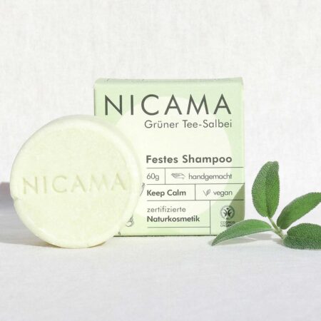 NICAMA tahke šampoon (roheline tee & salvei), 60g